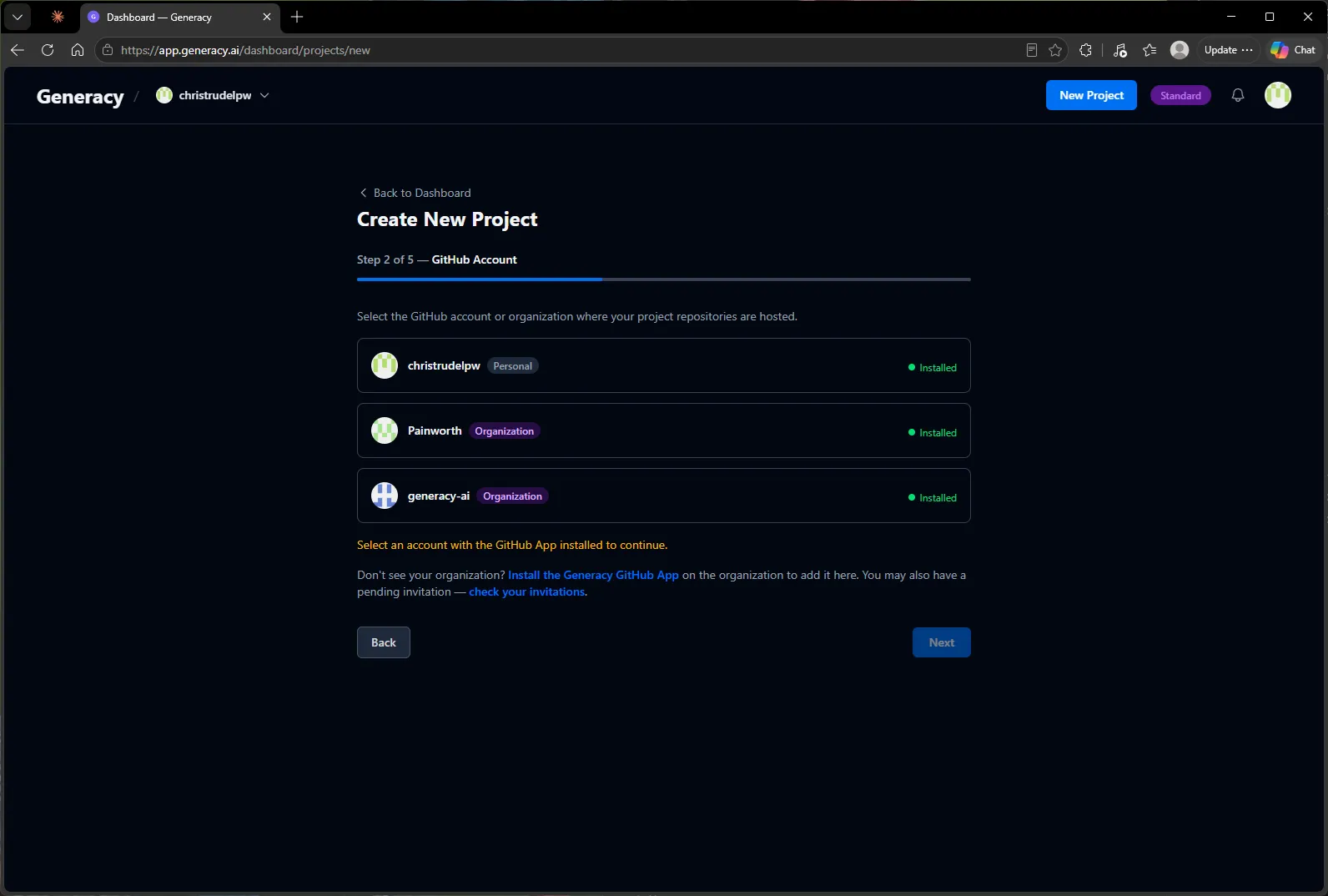 Step 2 of 5 — GitHub Account: choosing between a personal account and organizations, each marked with the Generacy GitHub App install status.