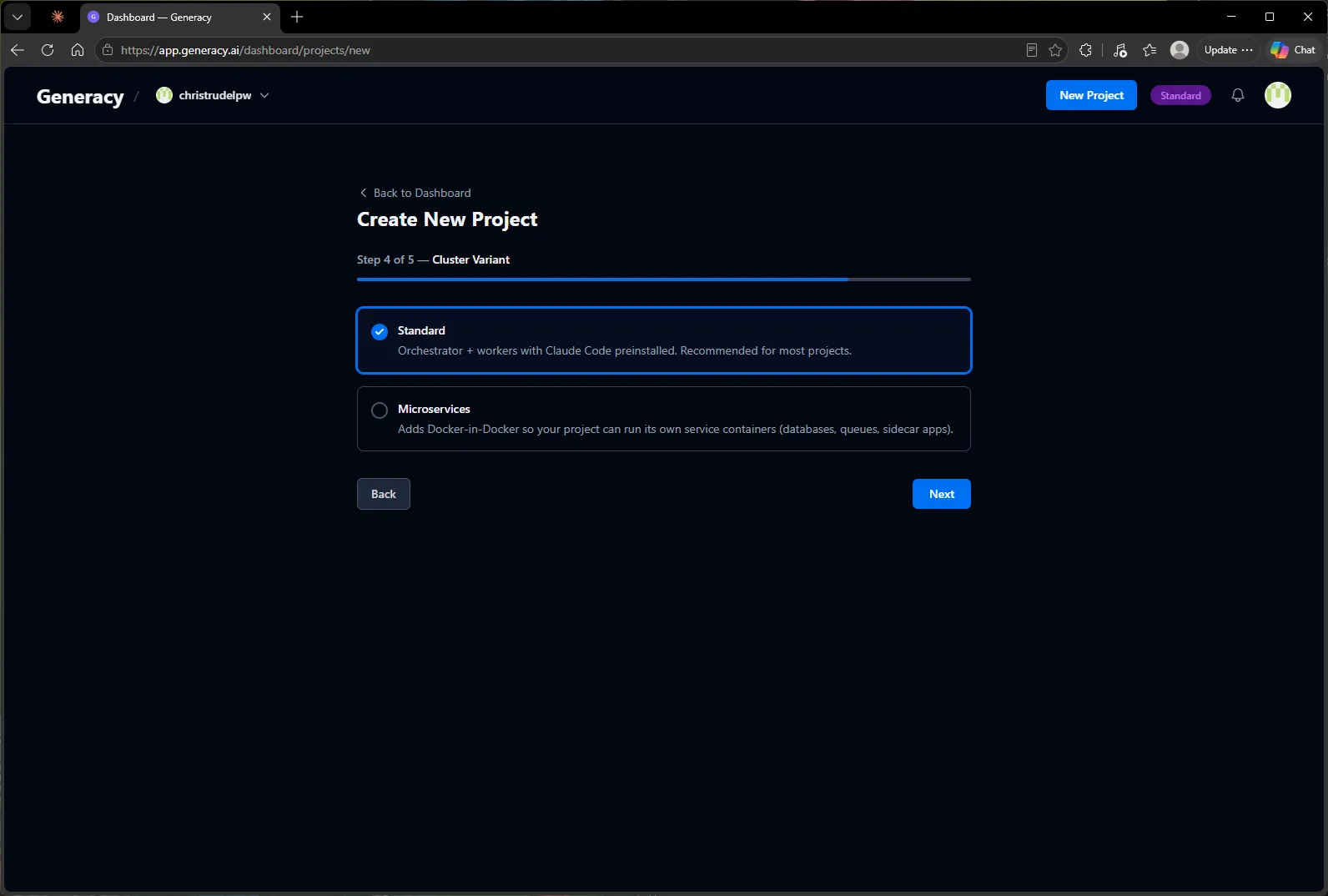 Step 4 of 5 — Cluster Variant: Standard (orchestrator + workers with Claude Code preinstalled) selected over Microservices (adds Docker-in-Docker).
