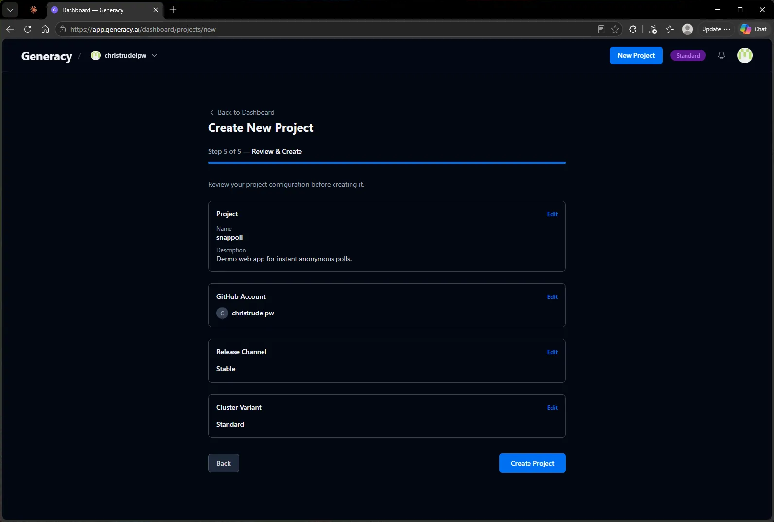 Step 5 of 5 — Review & Create: the summary of project name, GitHub account, Stable channel, and Standard variant before creating the project.