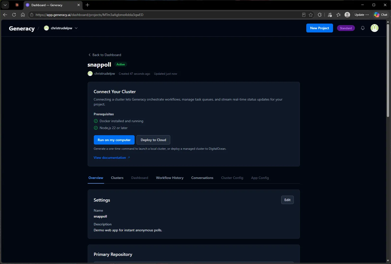 The snappoll project page with the Connect Your Cluster panel: prerequisites checked (Docker, Node.js 22+), with "Run on my computer" and "Deploy to Cloud" buttons.