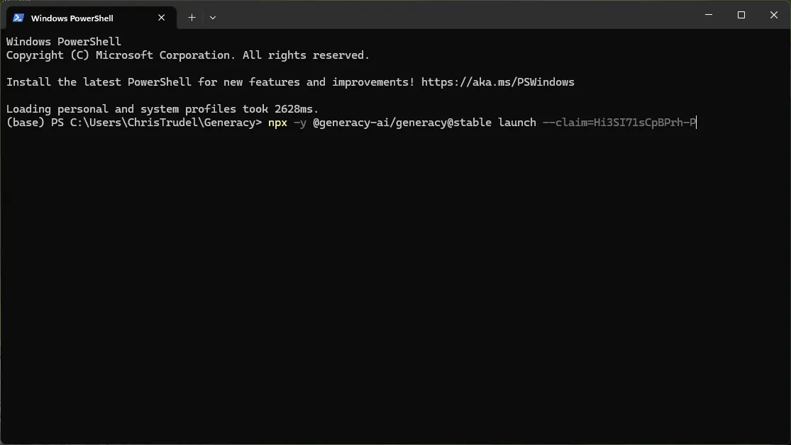 A PowerShell window with the npx generacy launch command pasted, ready to run.