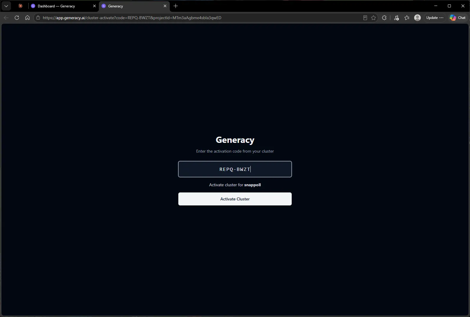 The Generacy cluster activation page with the activation code pre-filled and an "Activate Cluster" button for snappoll.