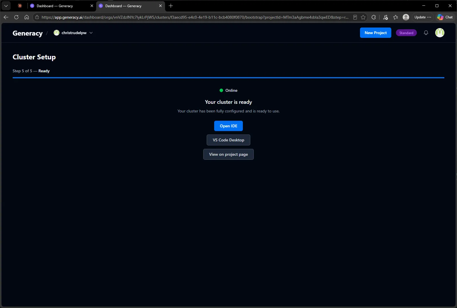 Cluster Setup complete — status Online, "Your cluster is ready", with Open IDE, VS Code Desktop, and View on project page buttons.