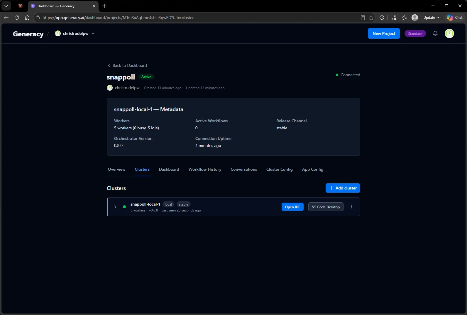 The project's Clusters tab: snappoll-local-1 connected, 5 workers (0 busy, 5 idle), with Open IDE and VS Code Desktop buttons.