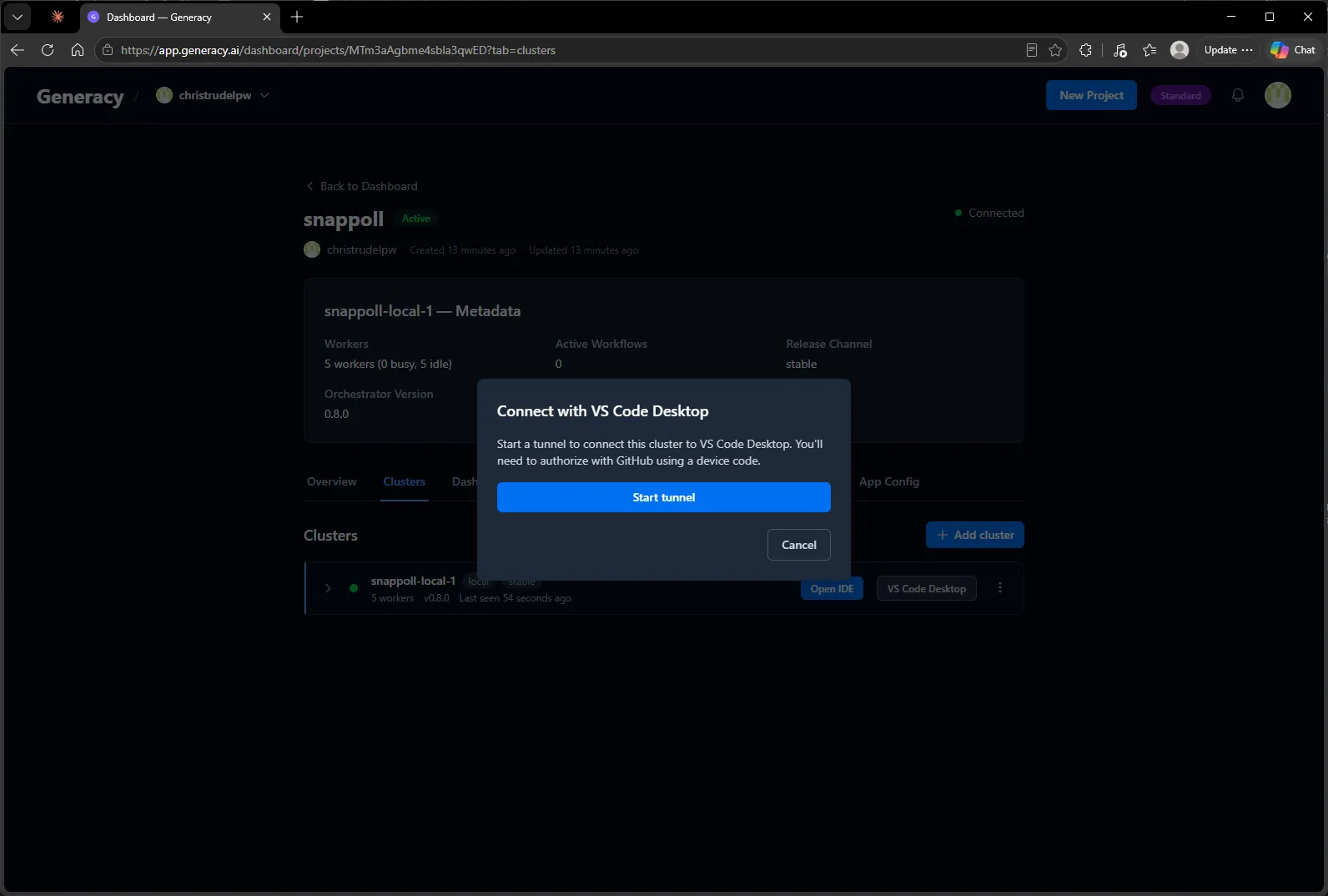 The Connect with VS Code Desktop dialog offering to start a tunnel, noting GitHub device-code authorization is required.