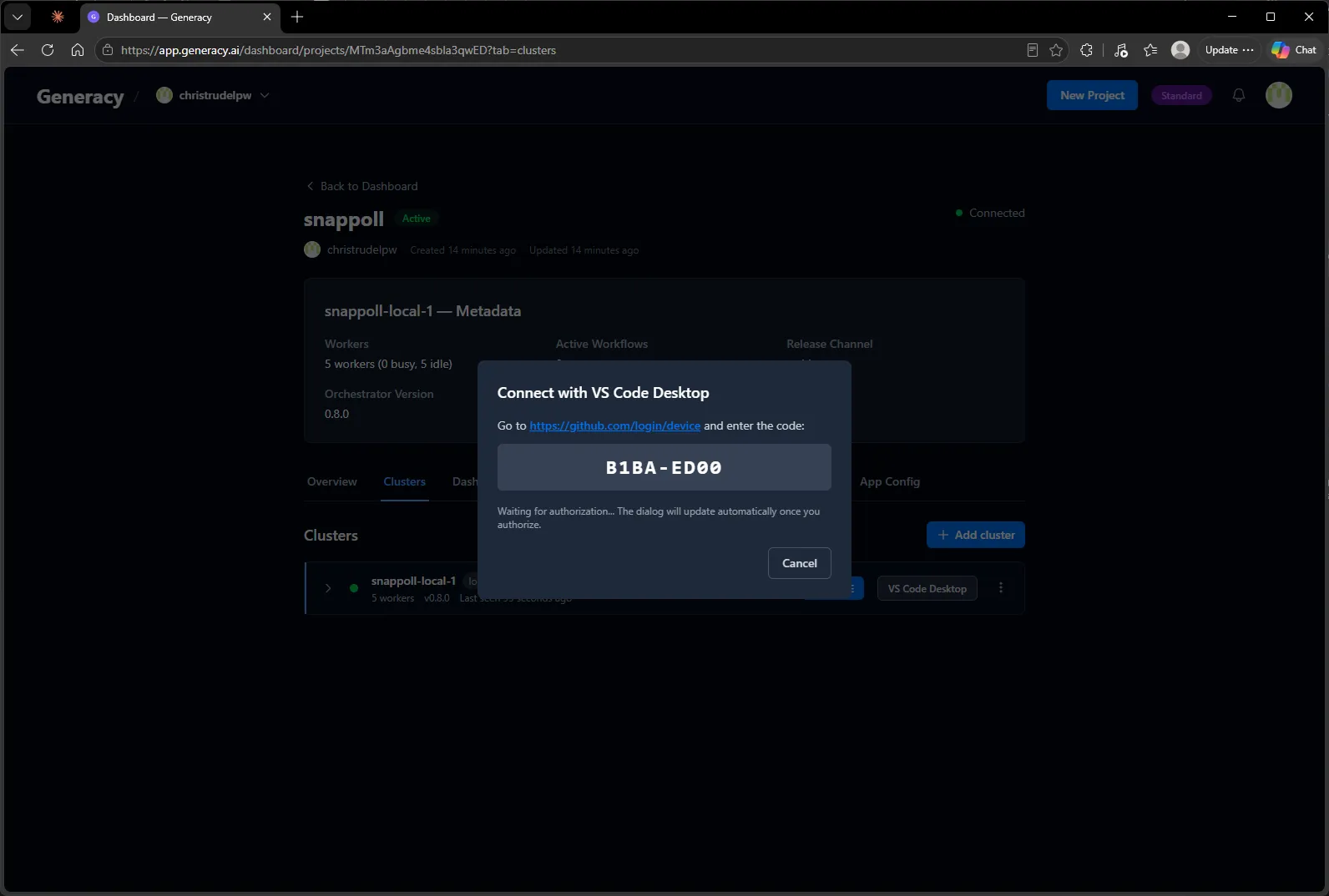 The dialog showing the eight-character device code and a link to github.com/login/device, waiting for authorization.