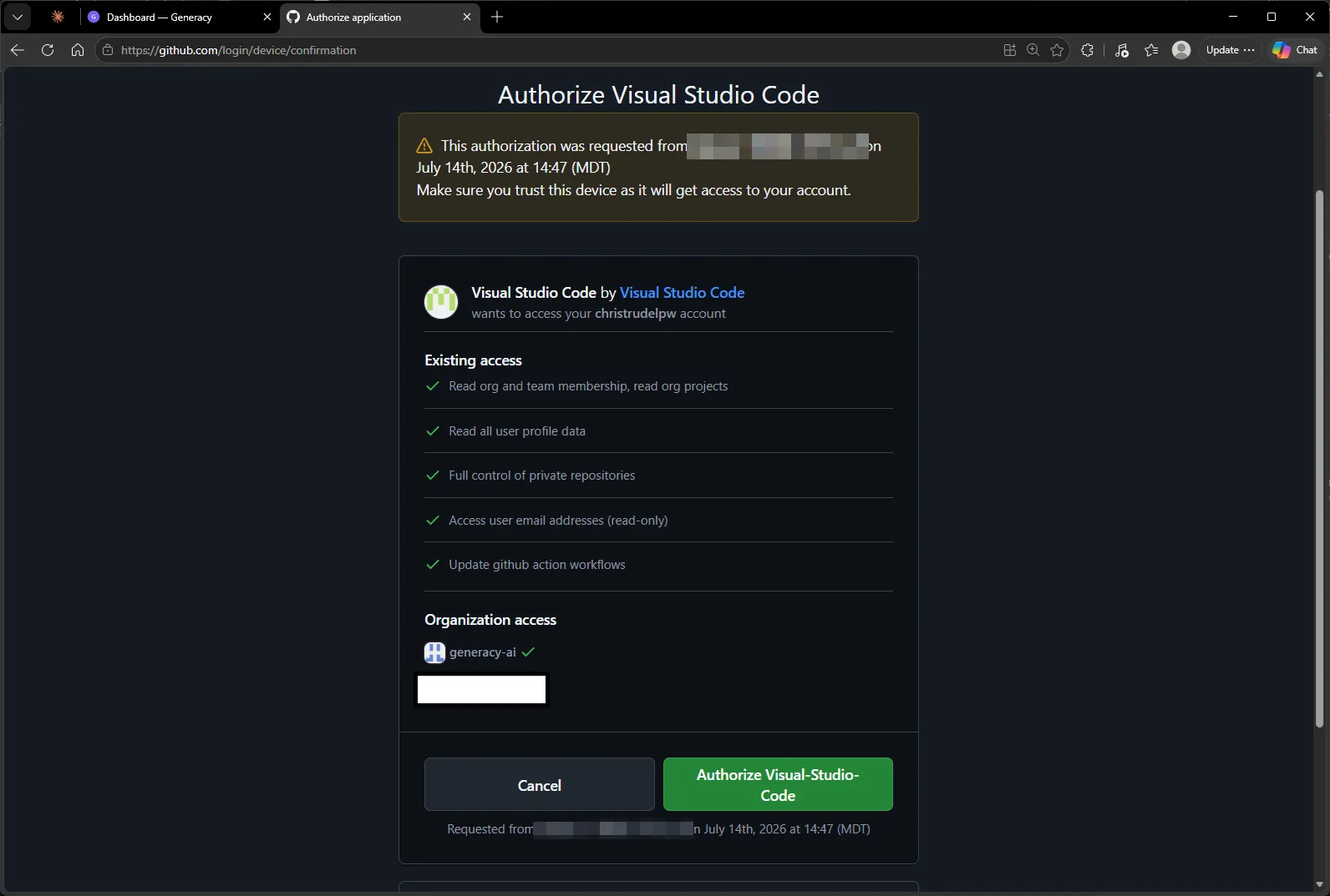 GitHub's Authorize Visual Studio Code page listing the requested scopes and organization access.