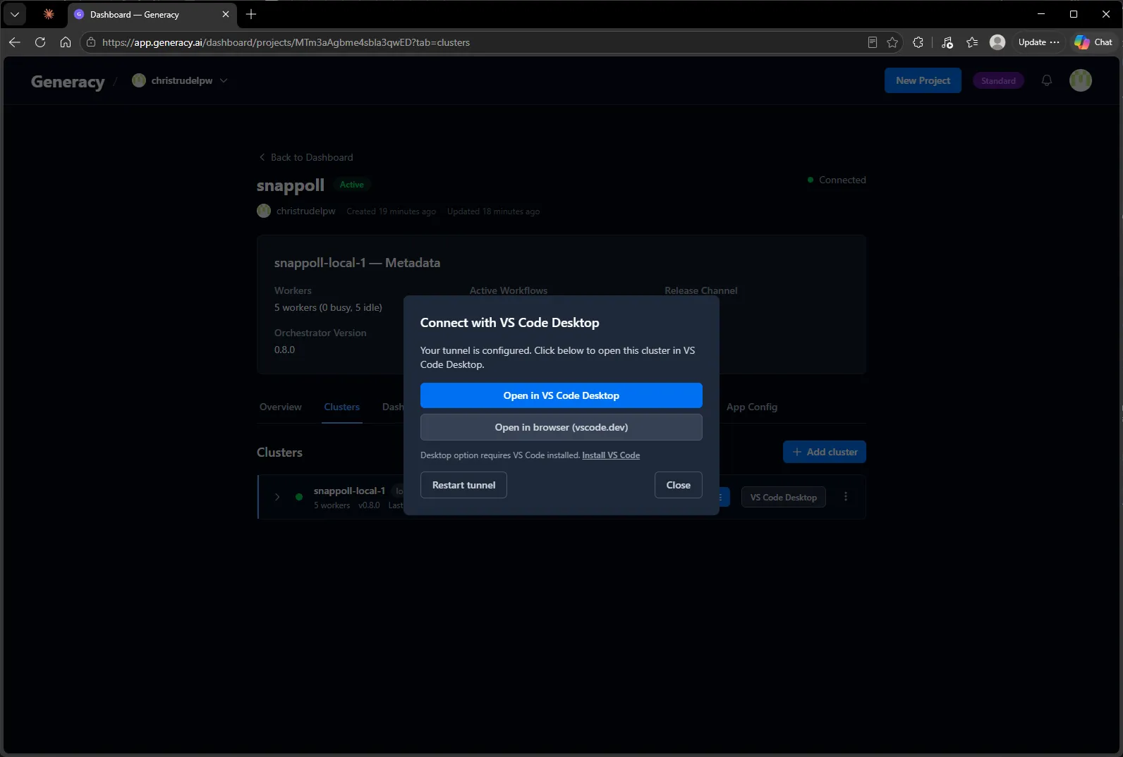 The Connect with VS Code Desktop dialog after the tunnel is configured, offering "Open in VS Code Desktop" or "Open in browser (vscode.dev)".