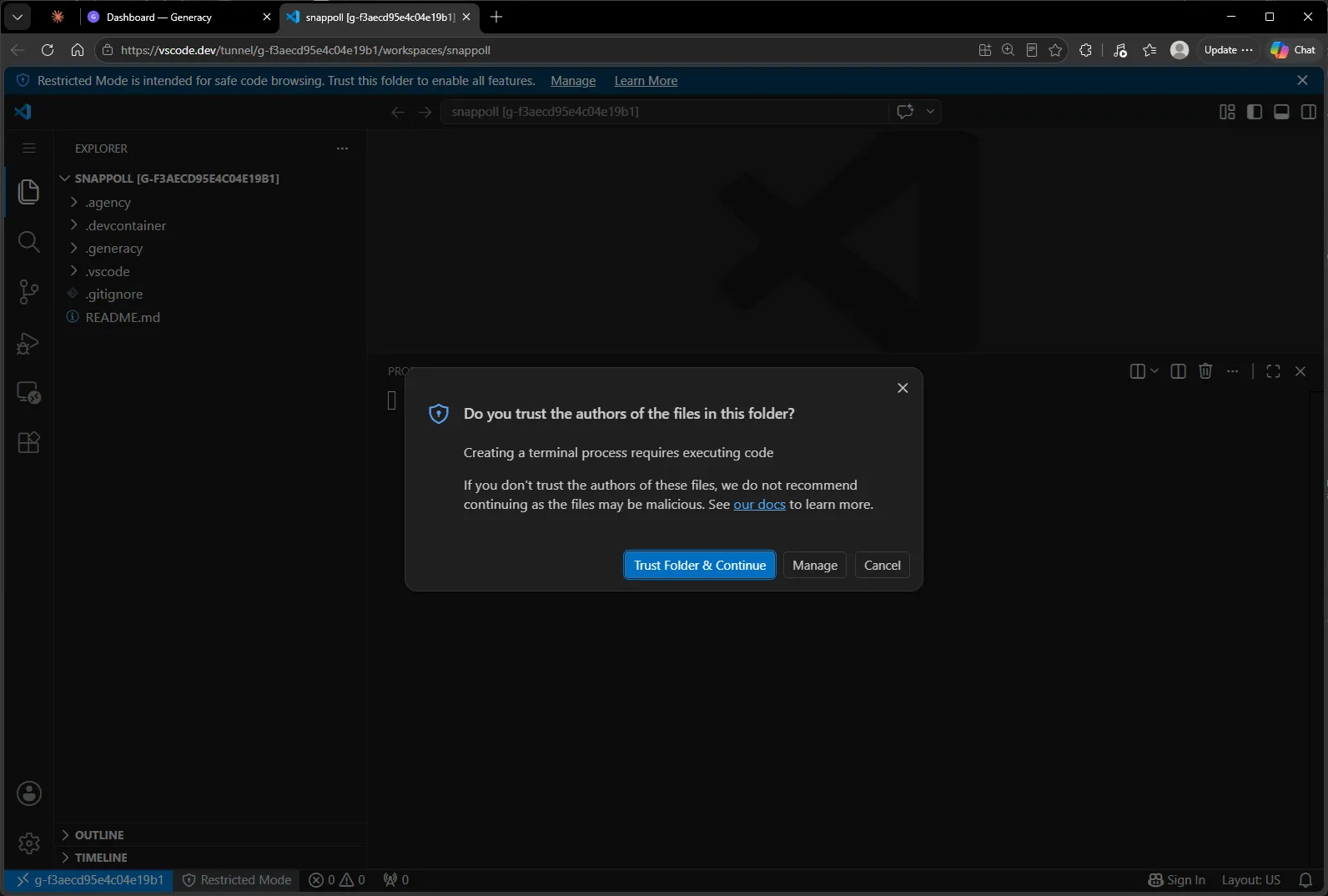 vscode.dev connected to the cluster workspace, showing the provisioned snappoll repo (.agency, .devcontainer, .generacy folders) and VS Code's "Do you trust the authors" dialog.