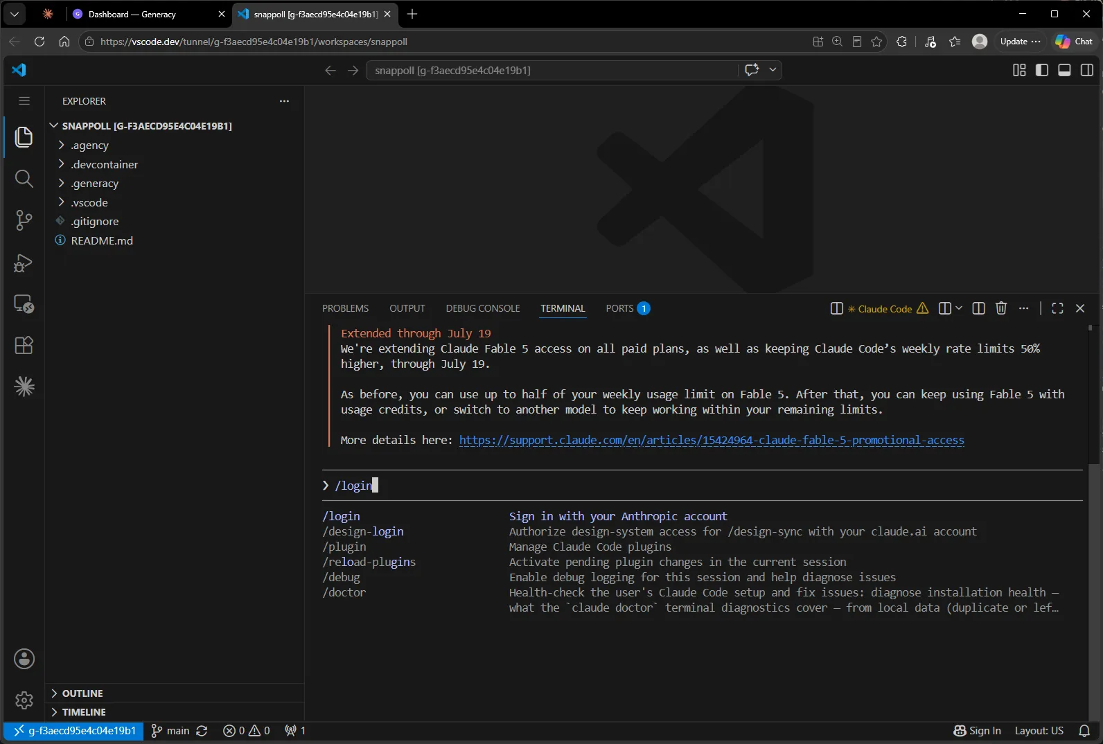 Claude Code running in the cluster terminal with /login typed at the prompt.