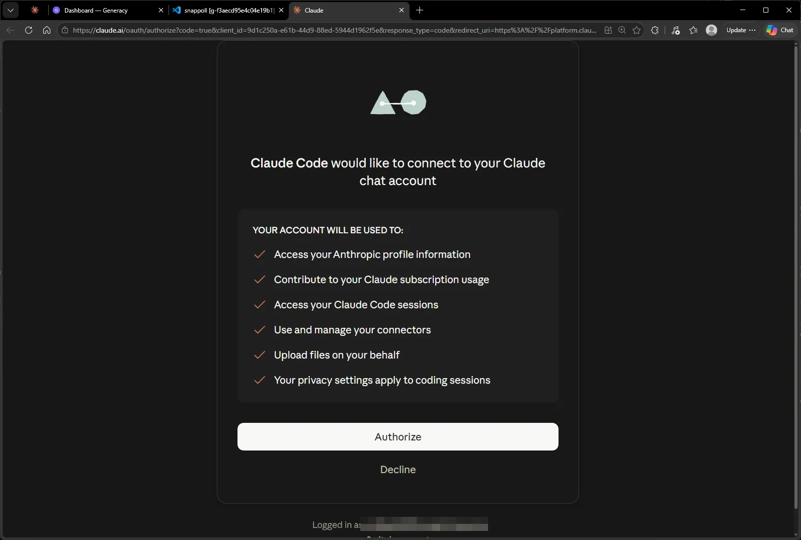 claude.ai's authorization page: "Claude Code would like to connect to your Claude chat account", with the permissions list and an Authorize button.