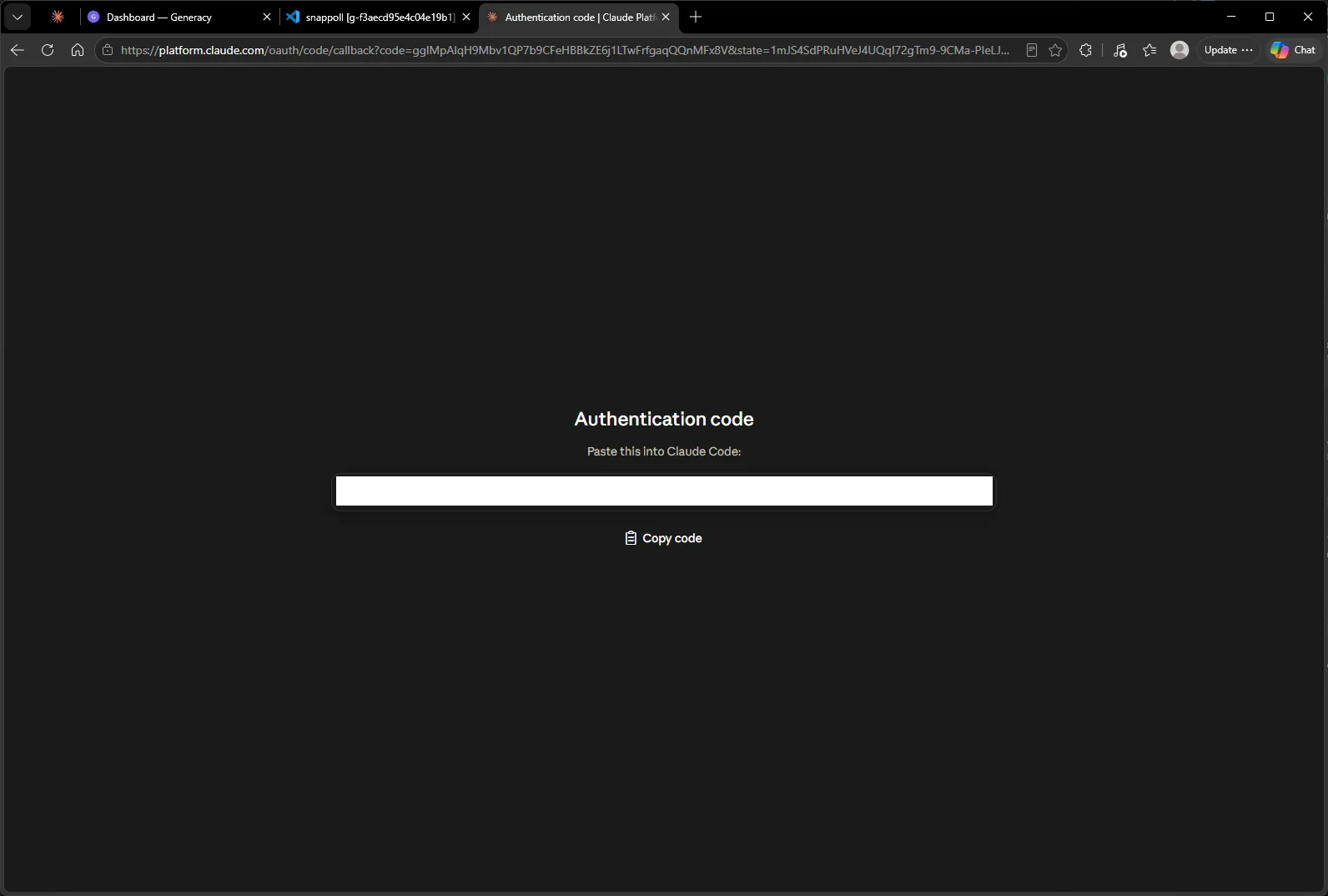 The Claude platform's Authentication code page with a Copy code button, ready to paste back into Claude Code.