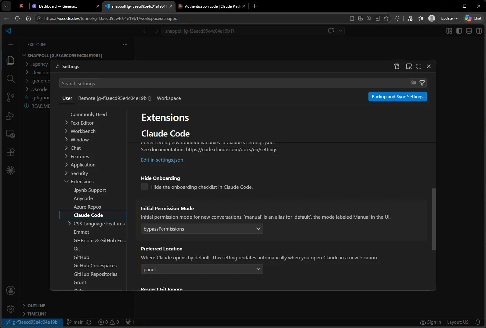 The Initial Permission Mode setting set to bypassPermissions.