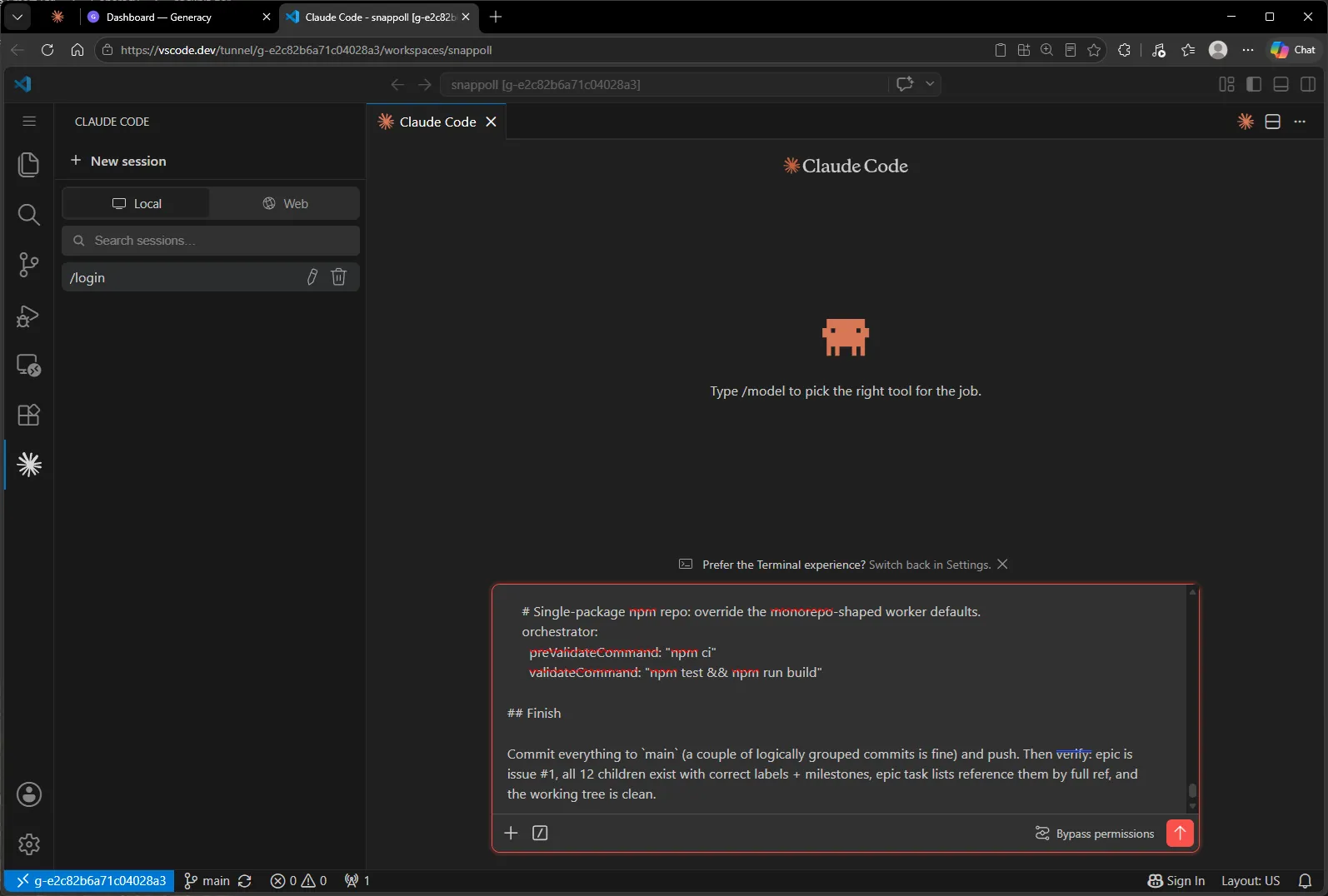 The demo-app setup prompt pasted into the Claude Code input, ending with the instruction to commit everything to main and verify the epic and its 12 children.