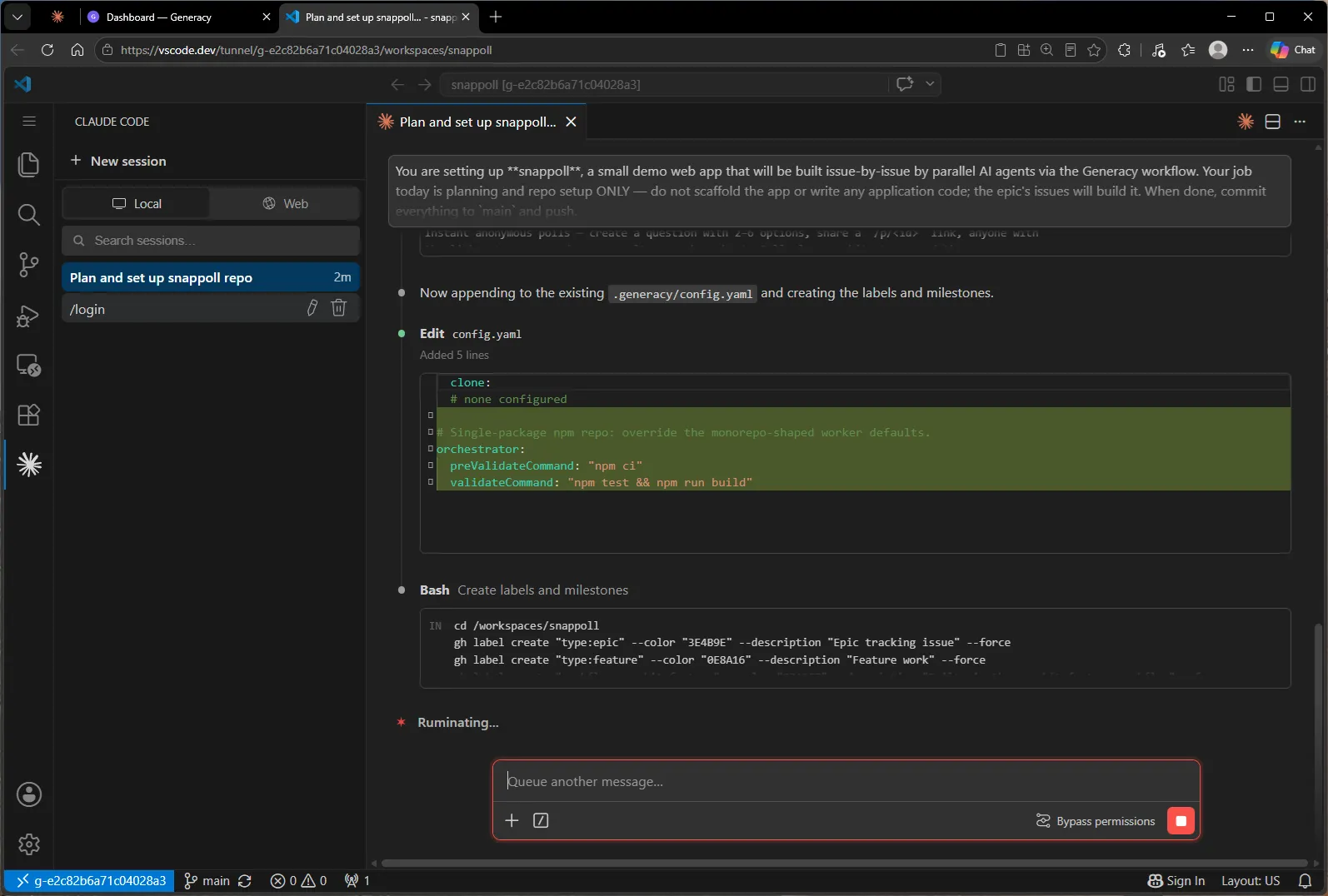 Claude Code working through the setup brief as a checklist: milestones created, epic issue #1 in progress, followed by the 12 child issues and repo config.