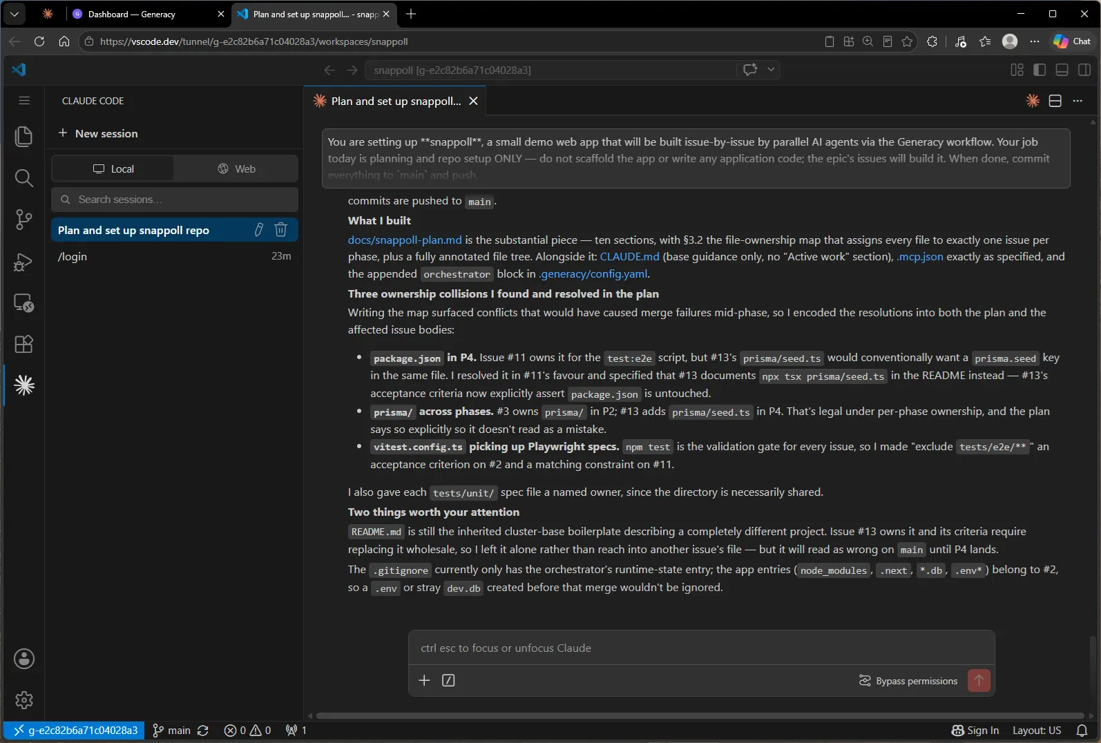 Claude's completion summary: the plan doc and its ownership map, three ownership collisions found and resolved during planning, and two flagged items to be aware of — README boilerplate and .gitignore entries owned by later issues.