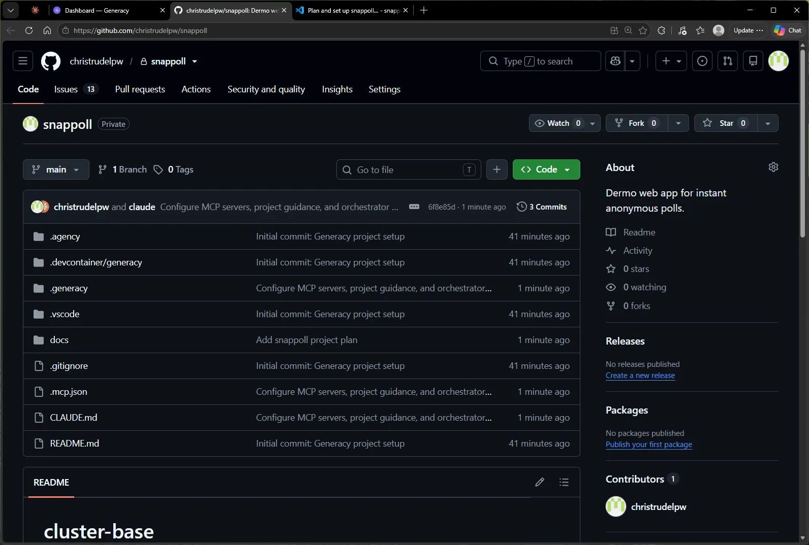 The christrudelpw/snappoll repo on GitHub: 13 issues, three commits, with docs/, .mcp.json, and CLAUDE.md just added by "christrudelpw and claude".