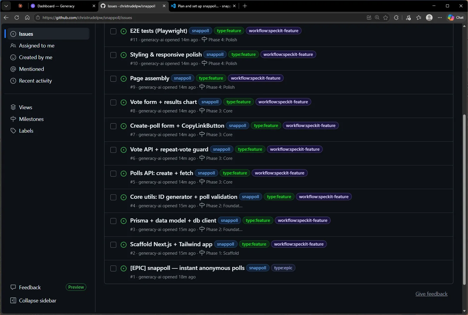 The snappoll issue backlog: the epic plus twelve children, each labeled (snappoll, type:feature, workflow:speckit-feature) and milestoned into Phase 1: Scaffold, Phase 2: Foundation, Phase 3: Core, or Phase 4: Polish.