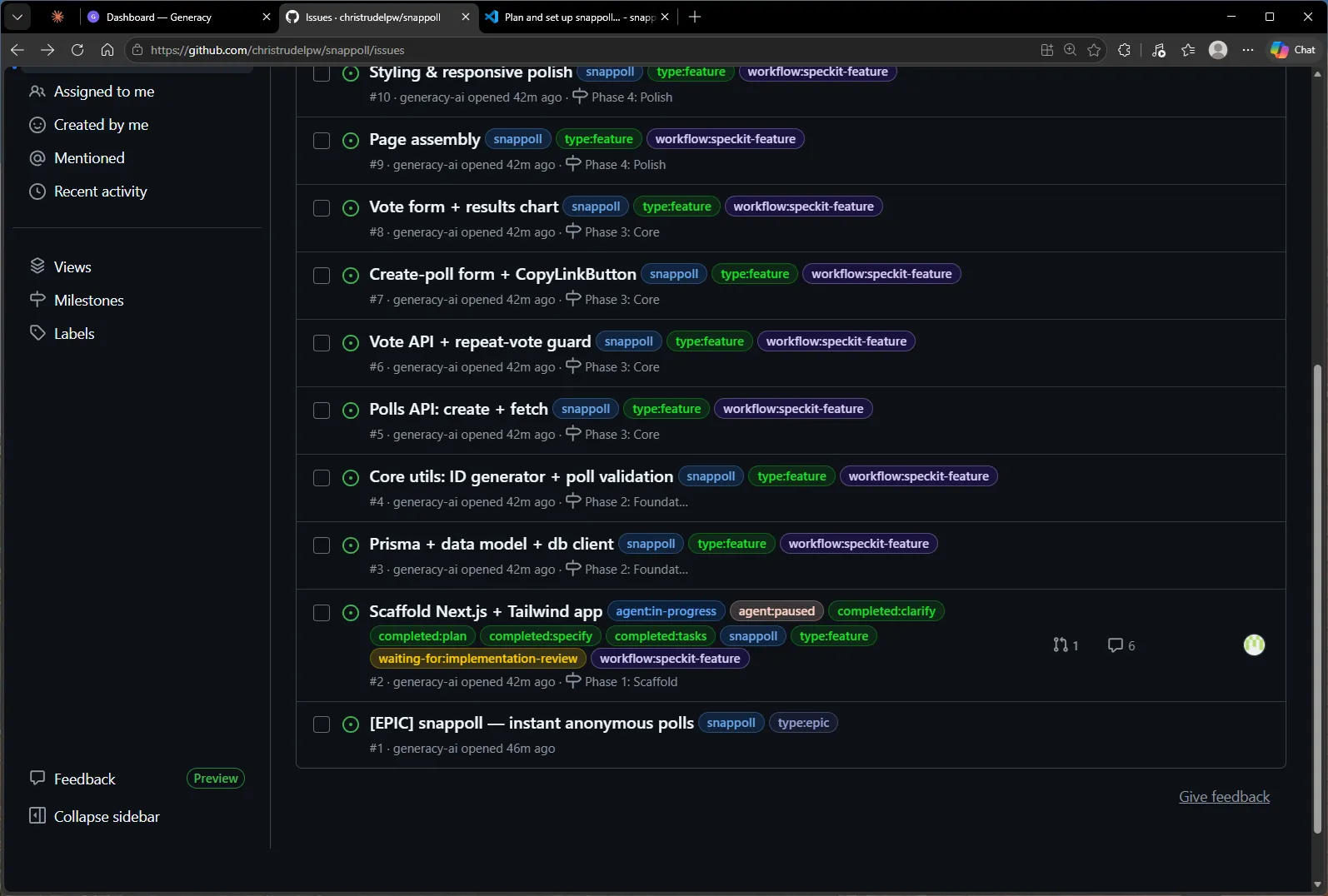 The issue list with #2 paused at waiting-for:implementation-review, carrying completed:plan and completed:tasks, with one pull request attached.