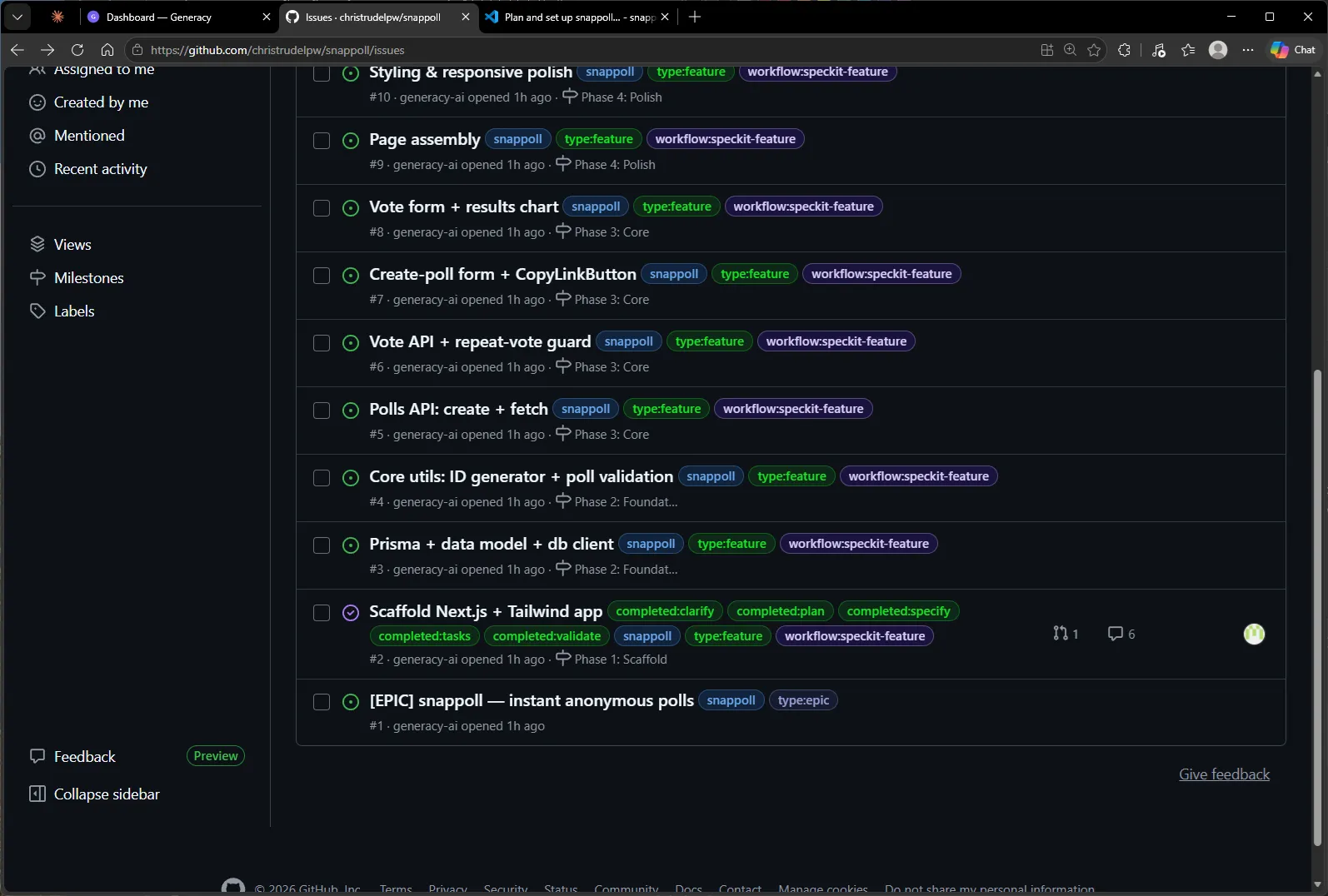 The issue list with #2 closed and fully green — completed:clarify, plan, specify, tasks, validate — Phase 1 done.