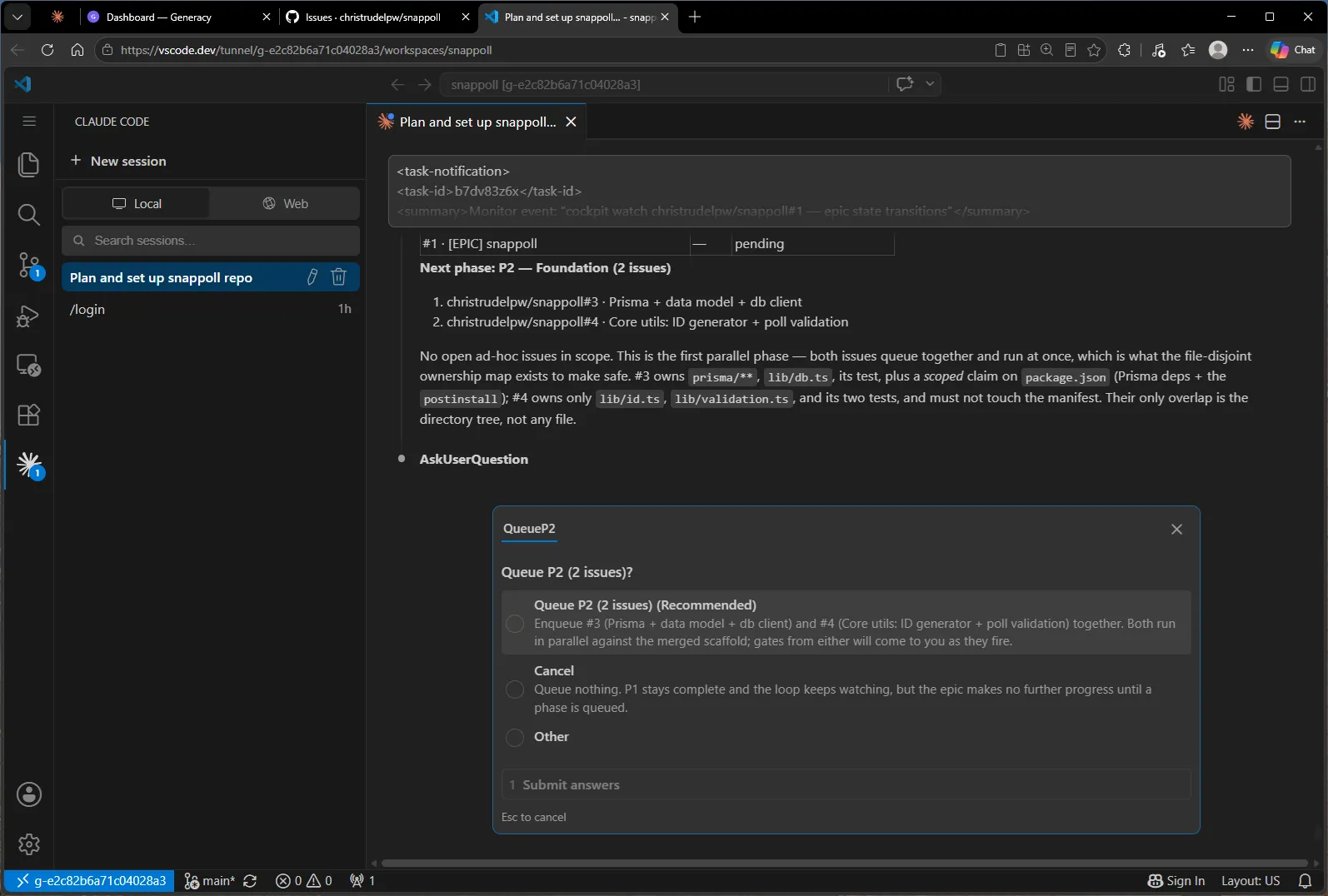 The phase-queue gate: "Queue P2 (2 issues)?" — listing #3 Prisma + data model + db client and #4 Core utils, noting both run in parallel against the merged scaffold and describing the file-ownership boundaries.