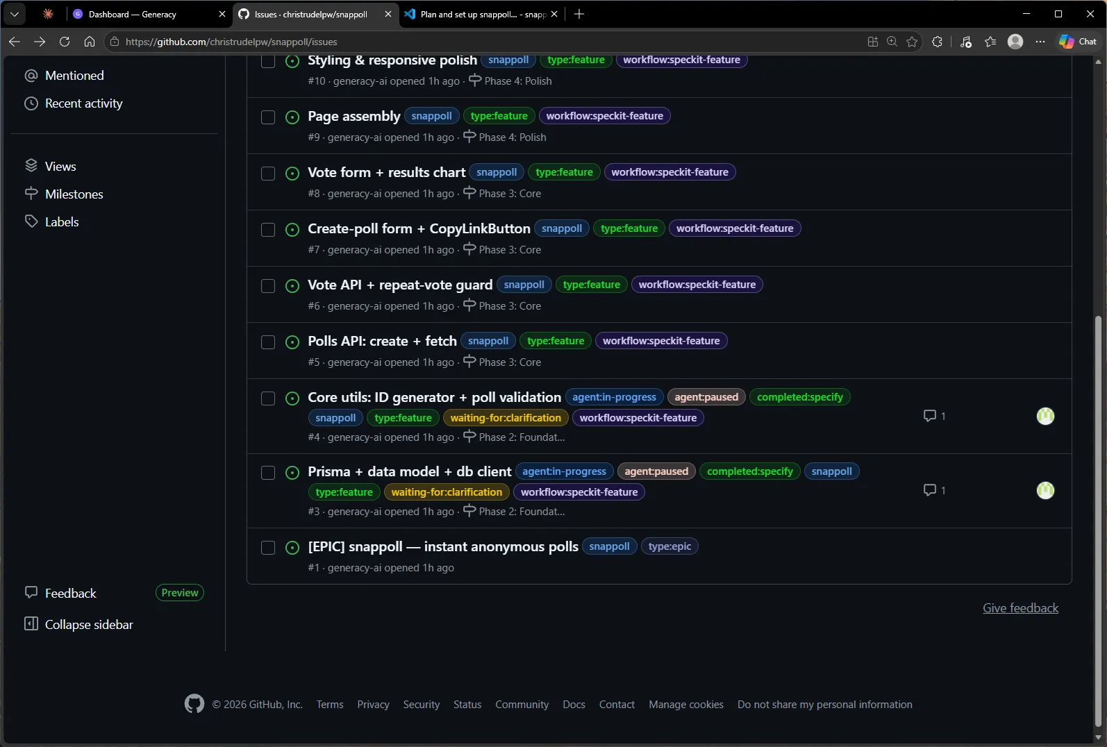 The issue list with #3 and #4 both at agent:in-progress and waiting-for:clarification — two agents working in parallel against the merged scaffold.