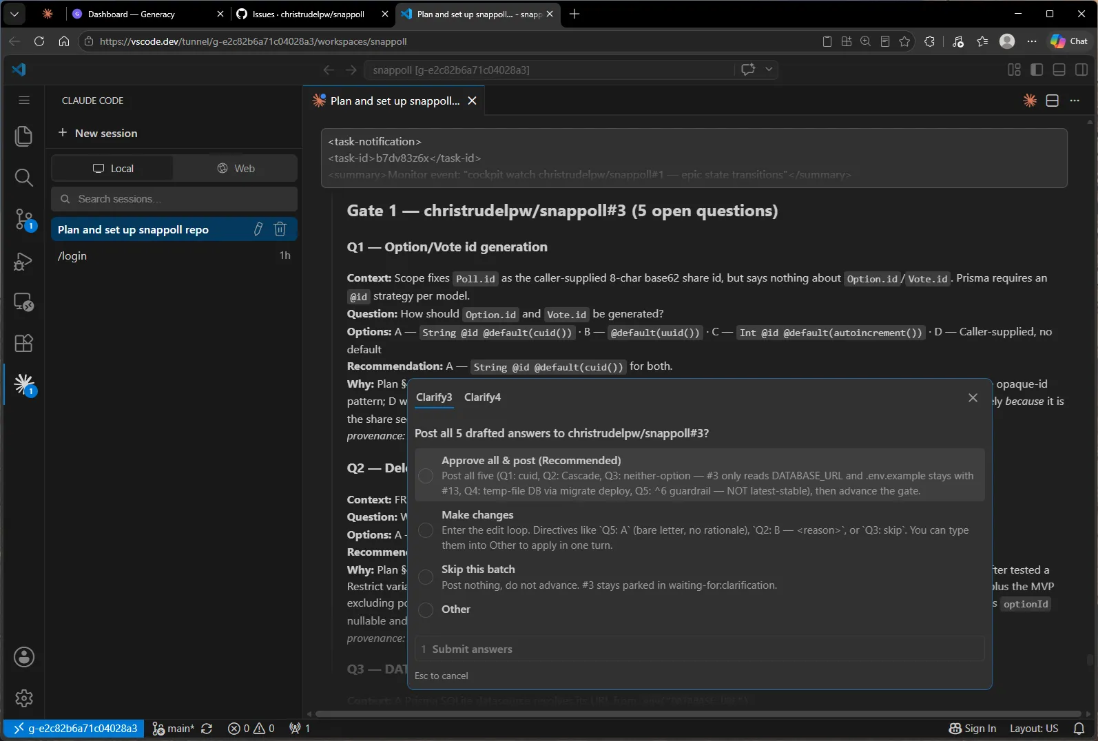 Two clarification gates stacked as tabs (Clarify3, Clarify4) in a single prompt — #3's five drafted answers visible, covering id generation, delete behavior, database URL handling, test databases, and a Prisma version guardrail.