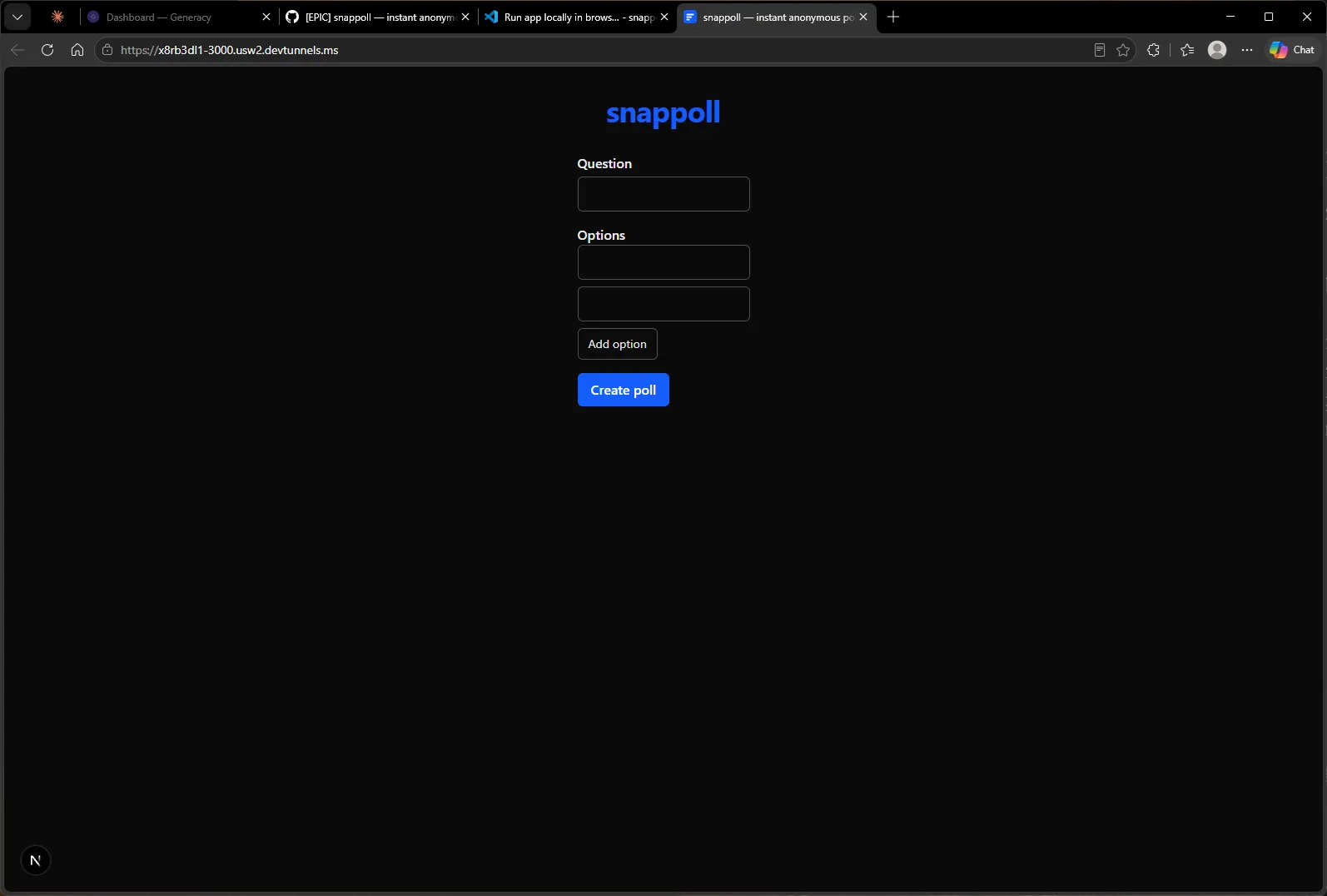The finished snappoll app: a create-poll form with a question field, dynamic option fields, and a Create poll button.