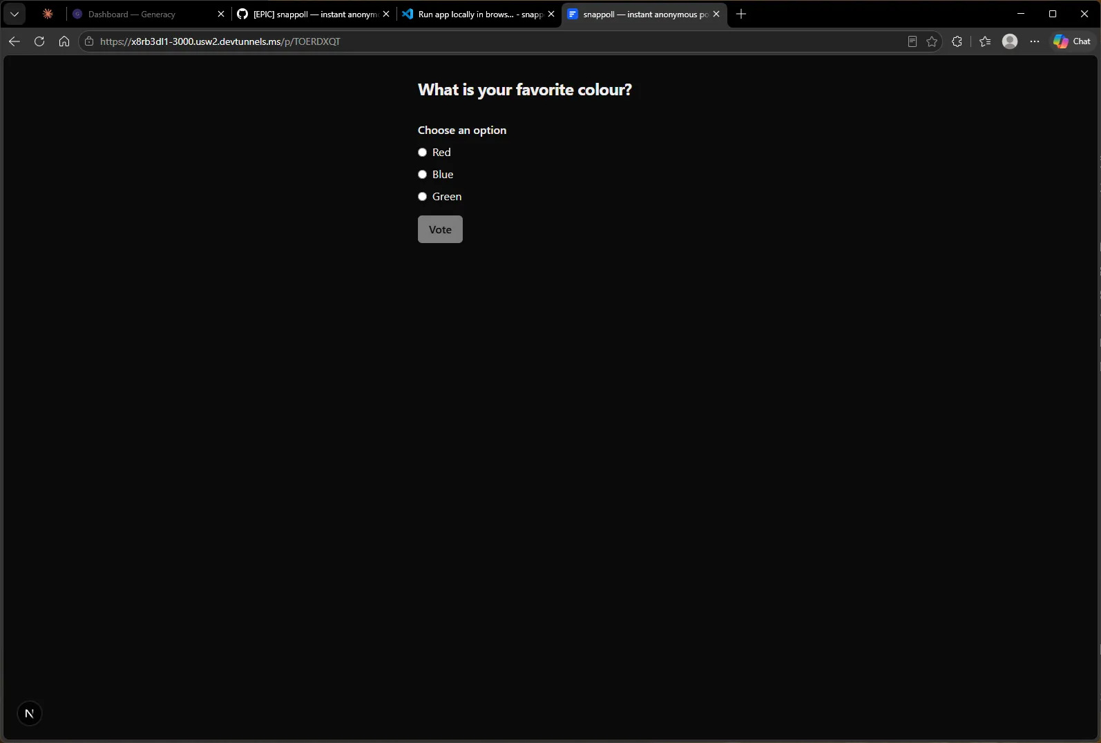 The public poll page at /p/TOERDXQT: the question with radio options and a Vote button.