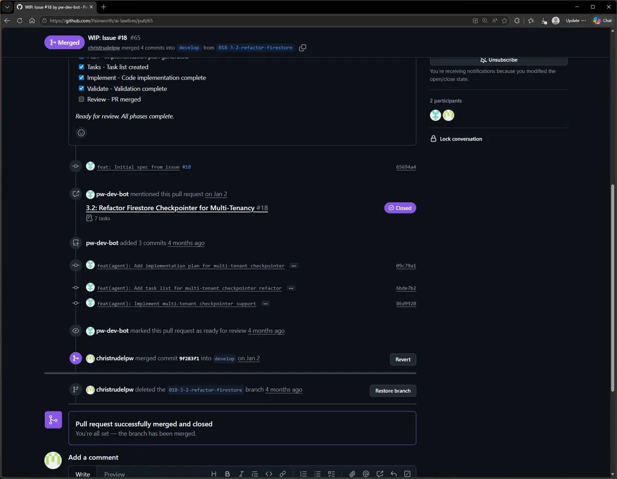 PR #65 screenshot showing the commit list and the live phase checklist in the PR body.